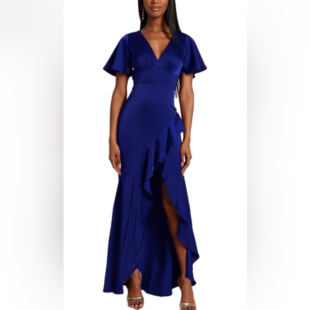 Womens Sexy V Neck Irregular Ruffle Short Sleeve Long Cocktail Party Slit Dress